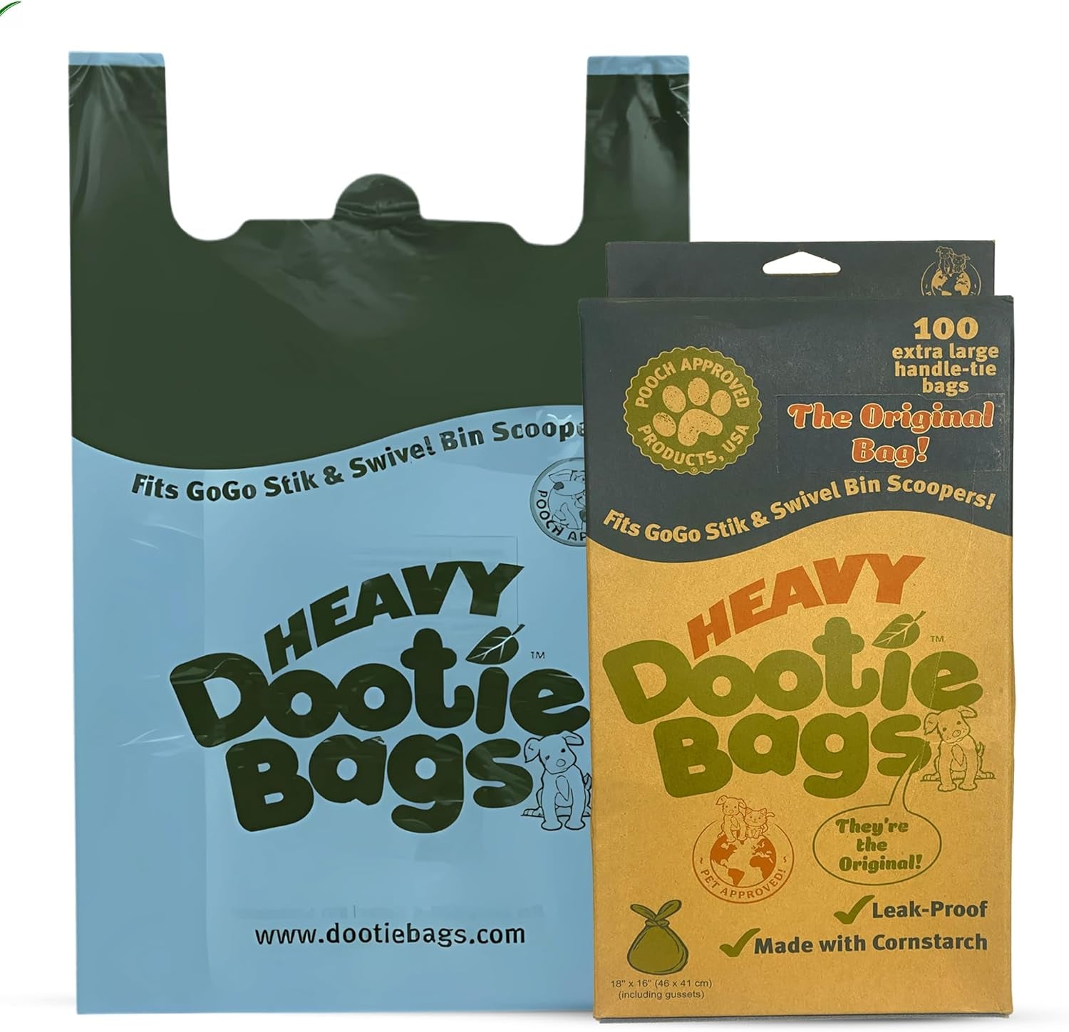 HEAVY Dootie Bags® VERY LARGE Dog and Cat Waste Poop Bags. 100 Count Strong Multi-Use, Leakproof with EZ Tie Handles and Gussets. Made with Corn Starch. Fits  and Swivel Bin Pooper Scoopers.