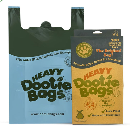 HEAVY Dootie Bags® VERY LARGE Dog and Cat Waste Poop Bags. 100 Count Strong Multi-Use, Leakproof with EZ Tie Handles and Gussets. Made with Corn Starch. Fits  and Swivel Bin Pooper Scoopers.